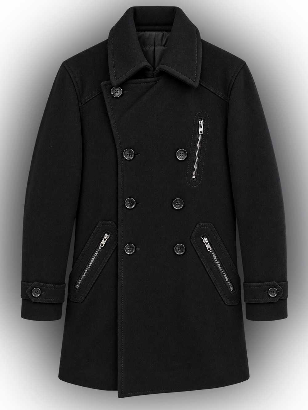Projek Raw Wool Blend Double-Breasted Peacoat with Zippered Pockets- Size M